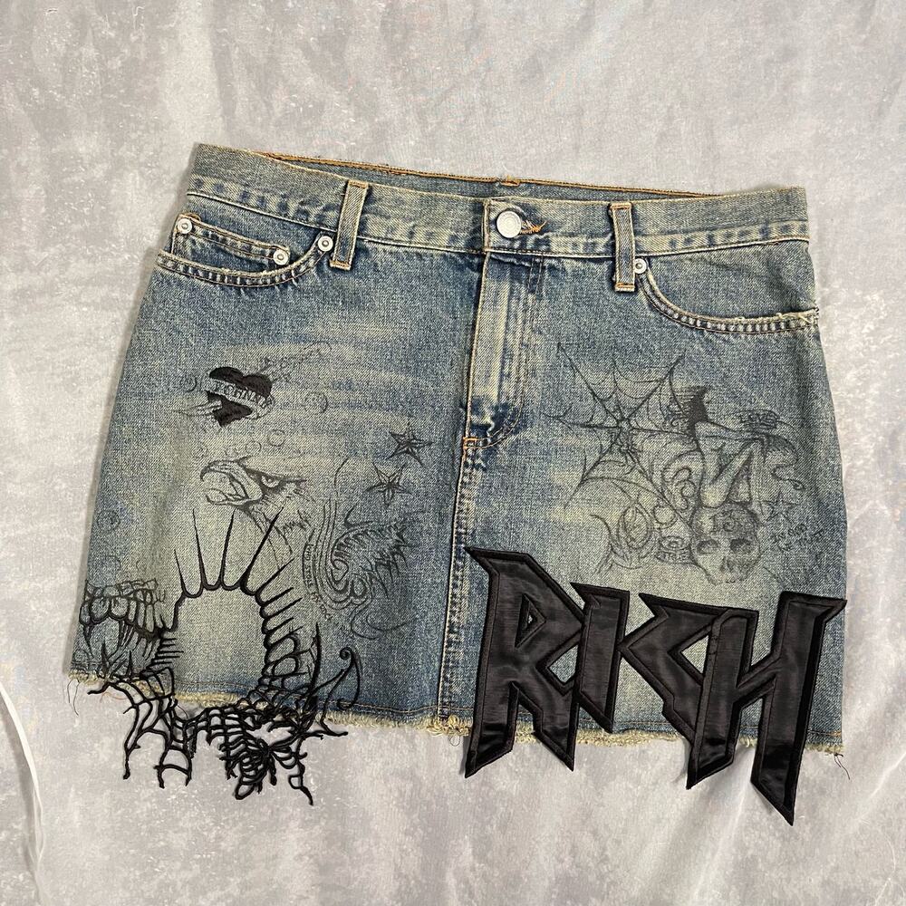 Vintage 00s Richmond embellished mini denim skirt with script graphic (S) goth